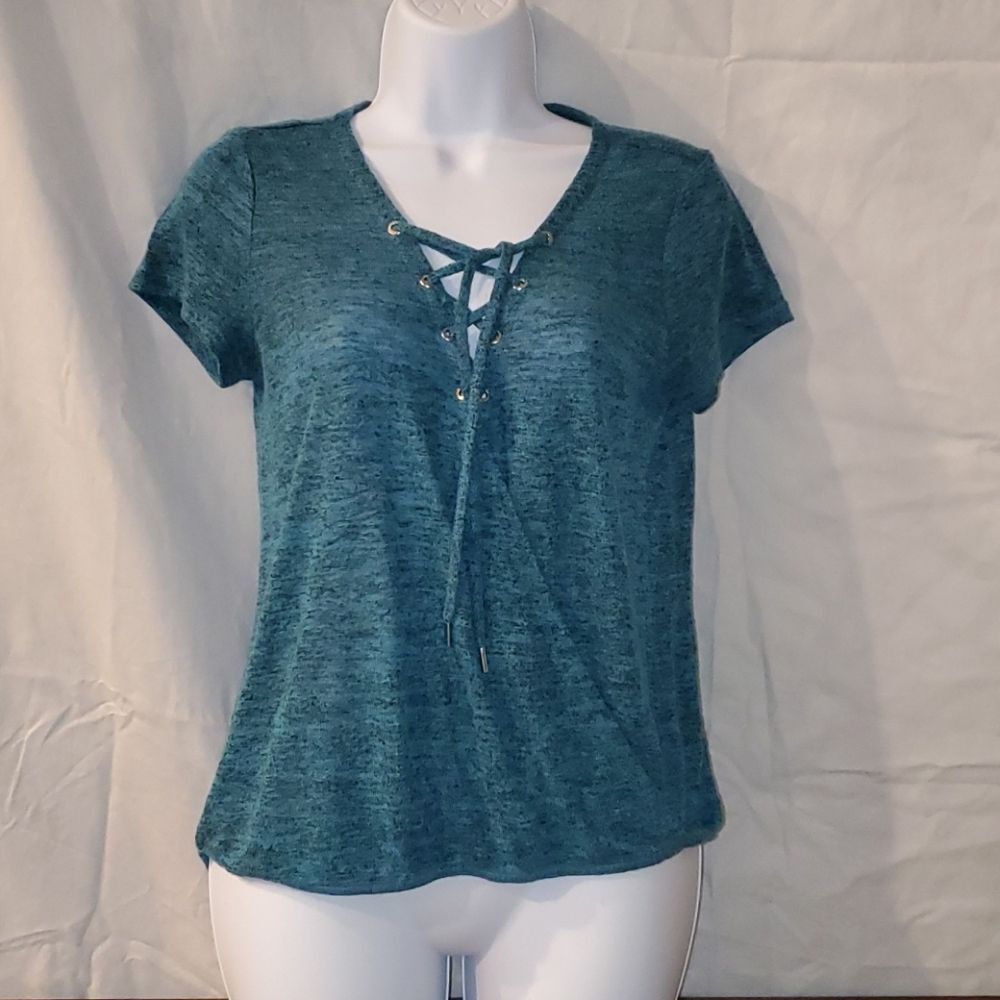Juicy Couture Teal Black Space Dye Faux Wrap Lace-Up Front Knit Top XS